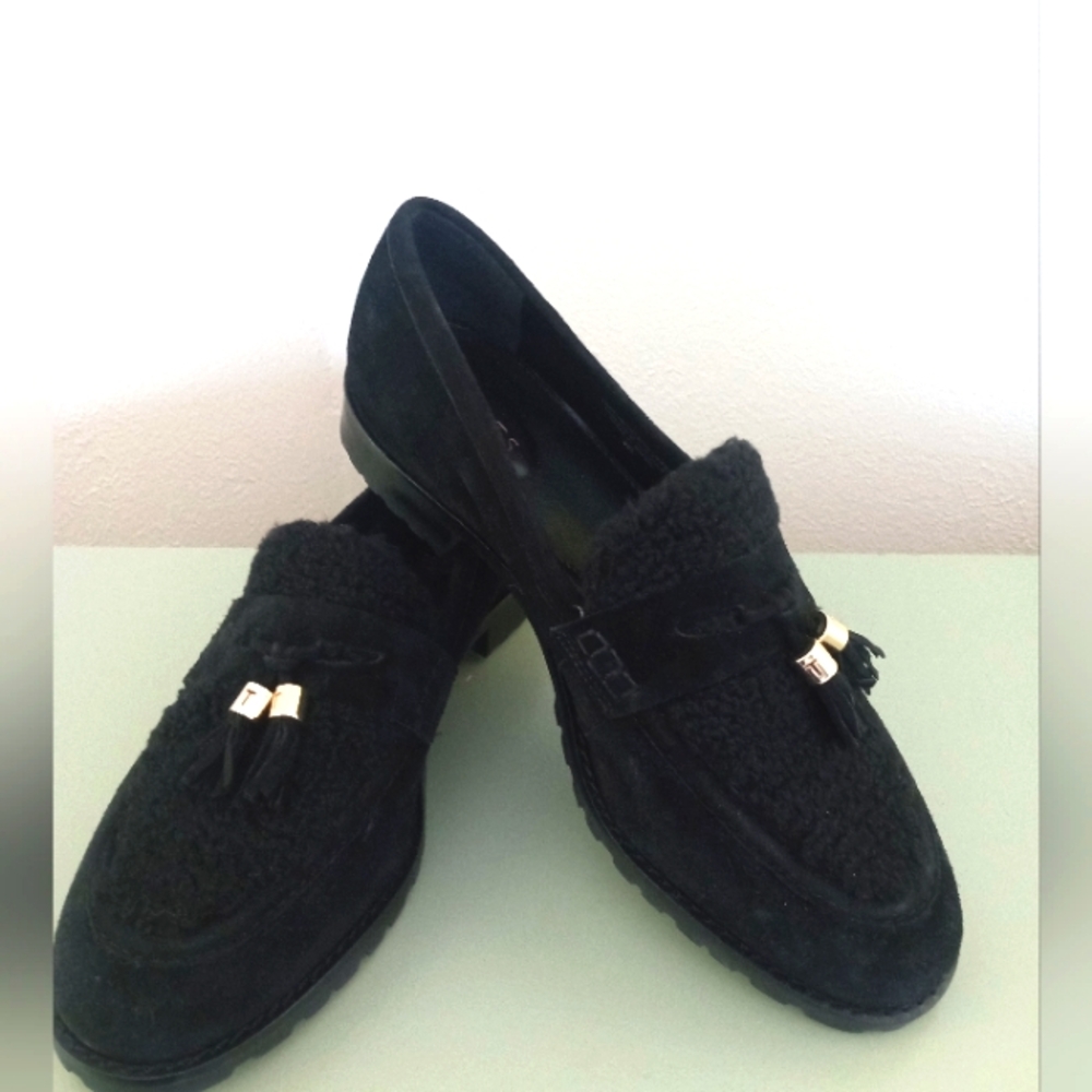 Talbots Black Faux Shearling Tassel Loafers
